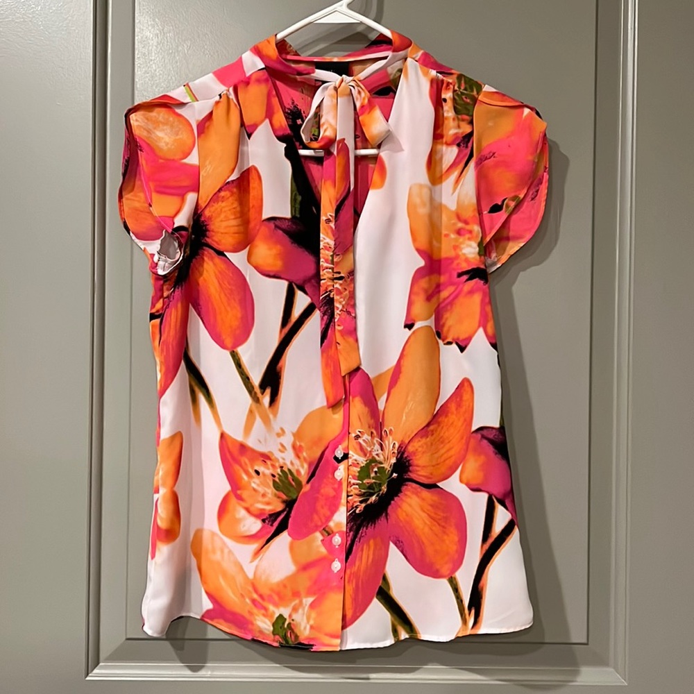Fluorescent Floral Blouse with Feminine Cap Sleeves and Neck Tie
